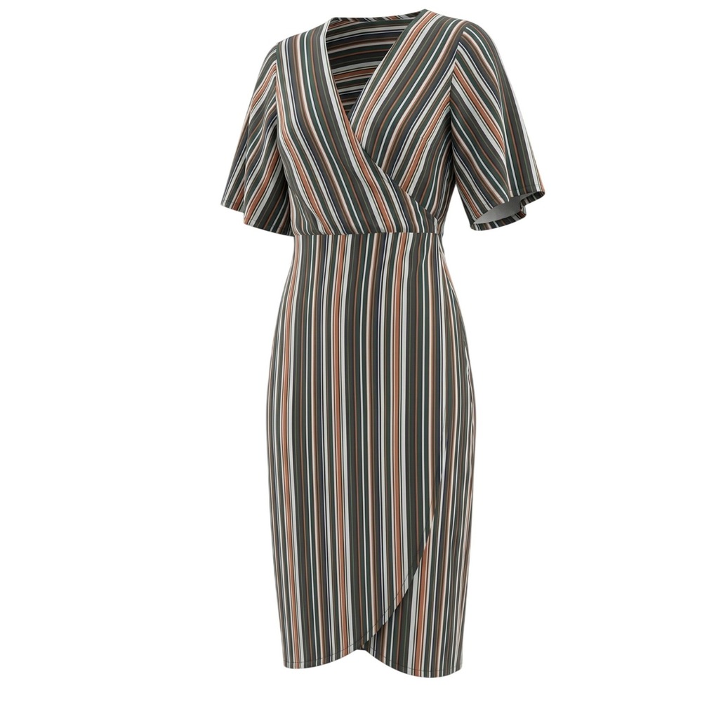 Forever 21‎ Women Striped Wrap Midi Dress L Multicolor Short Sleeve V-Neck Boho